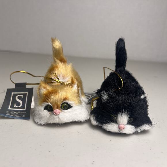 Cat Kitten Faux Fur Christmas Ornament Miniature Mini Glass Eyes Orange Black - Picture 4 of 15